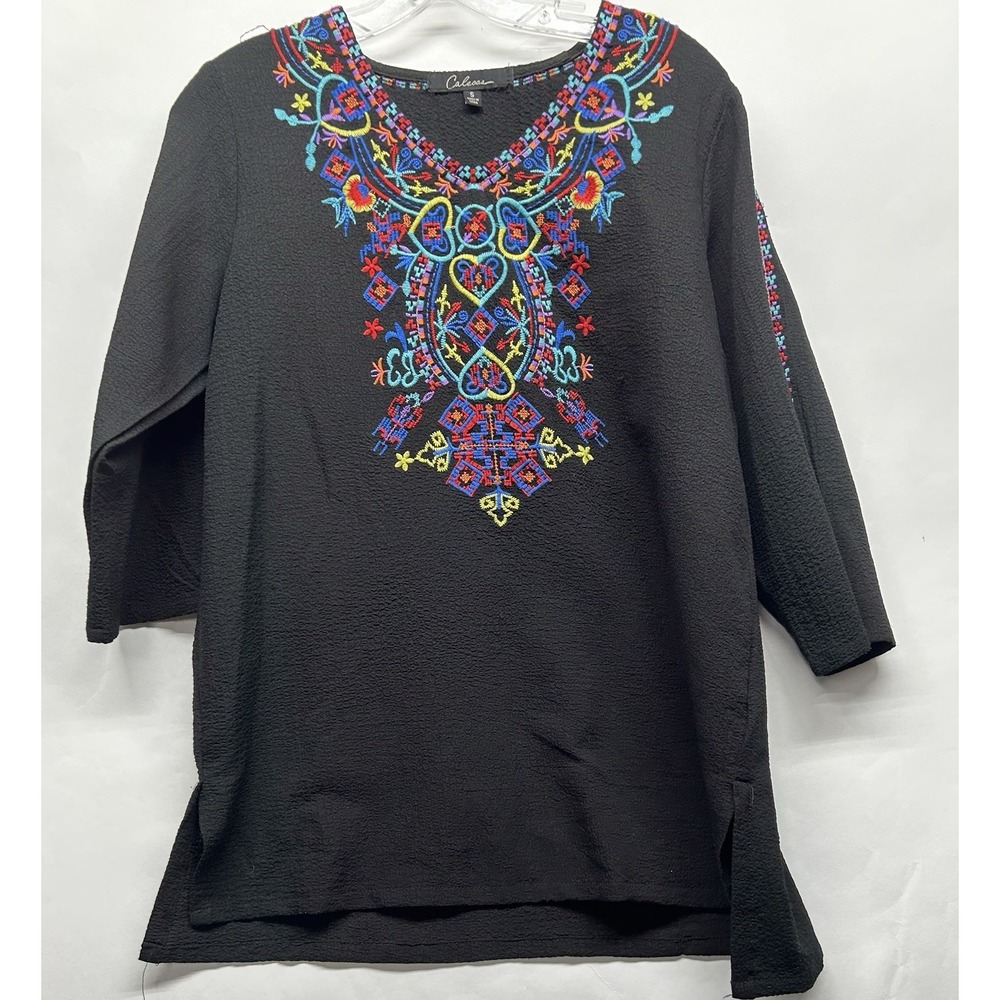 Calessa Women's Small Black Embroidered 3/4 Sleeve V-Neck Top (H1)